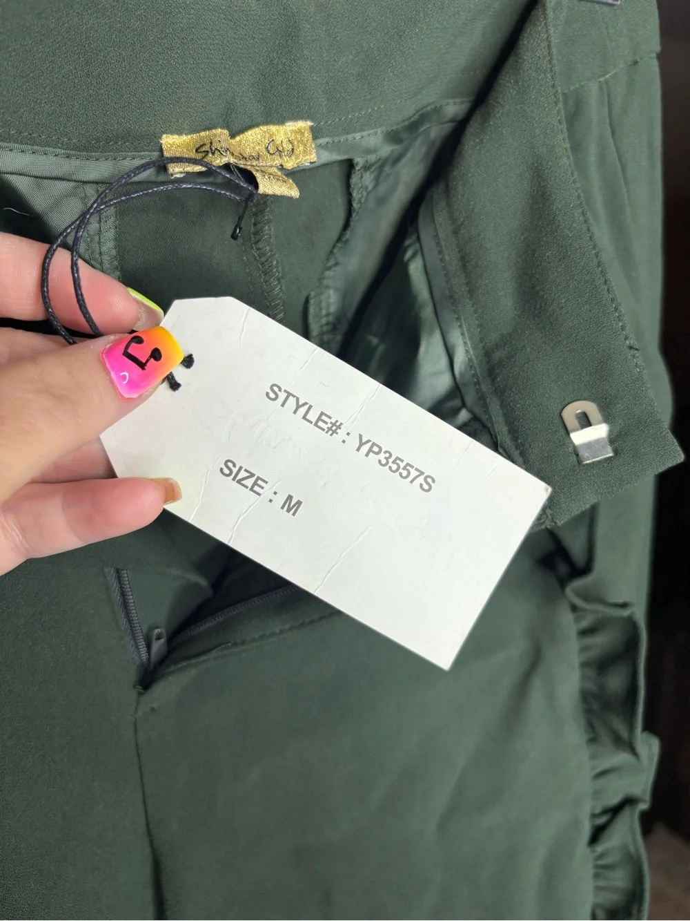 Shinestar Gold Ruffle Green Trousers Size M NEW Office Colorful Statement